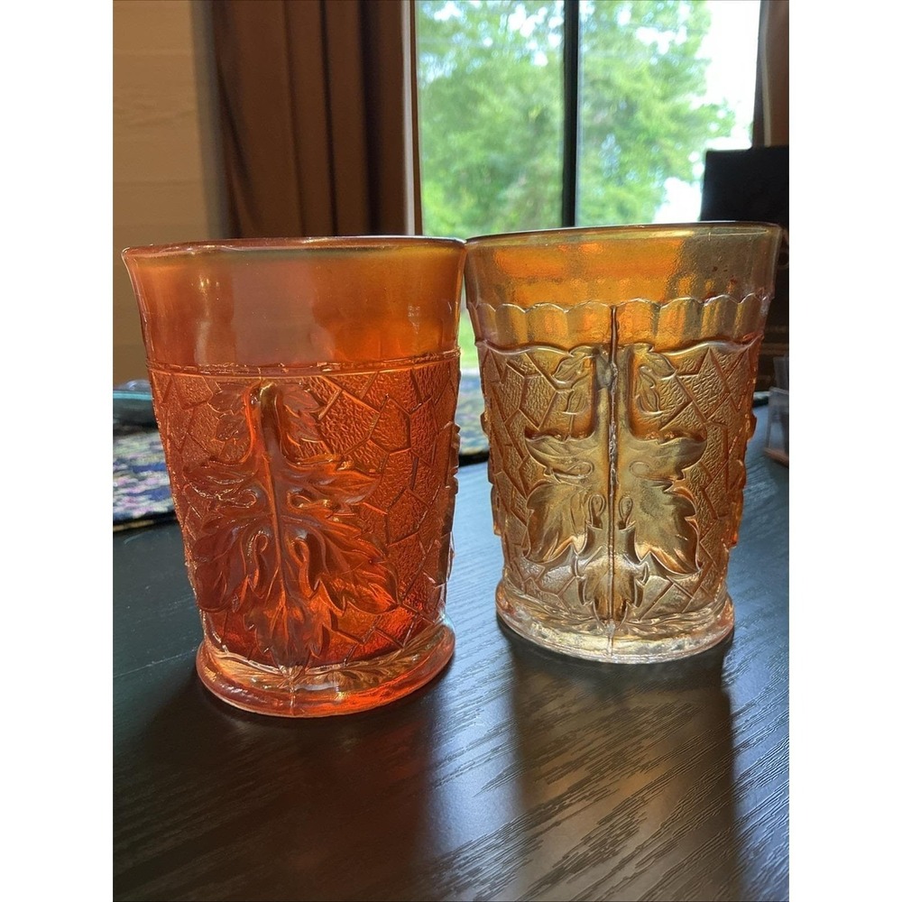 Vintage Pair Of Dugan Maple Leaf Marigold Carnival Glass 4" Tumblers